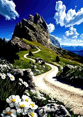 Mountain Path with White Flowers