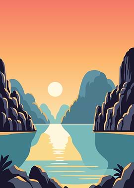 Minimalist Sunset Over Mountain Lake