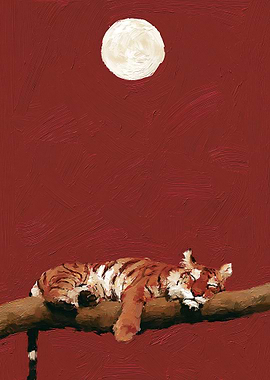 Tiger Sleeping on Branch Under Moon