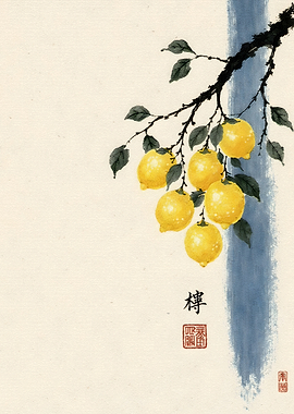 Traditional Ink Wash Lemon Branch Painting