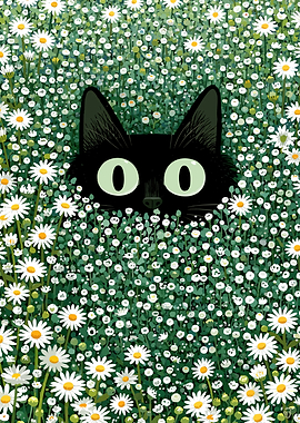 Black Cat Hiding in Daisies