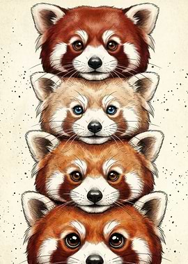 Stack of Four Cute Red Pandas