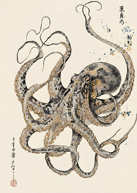 Traditional Japanese Octopus Woodblock Print