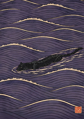 Black Panther Swimming in Japanese Waves