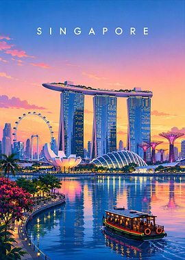 Singapore Skyline Sunset Travel Poster