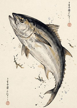Traditional Japanese Ink Wash Tuna Painting