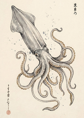 Traditional Japanese Ink Style Squid Illustration