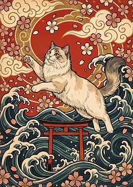 Japanese Ukiyo-e Style Cat Illustration