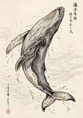 Japanese Ink Style Humpback Whale Art