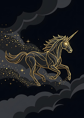 Golden Line Art Unicorn in Clouds
