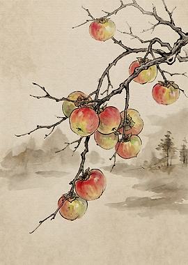 Traditional Ink Wash Persimmon Painting