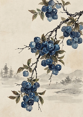 Watercolor Blueberry Branch Illustration