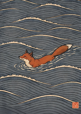 Fox Swimming in Stylized Waves