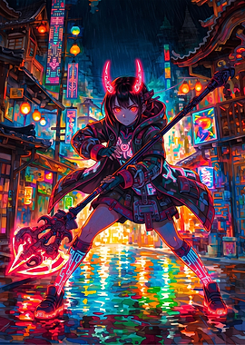 Cyberpunk Oni Girl with Glowing Spear