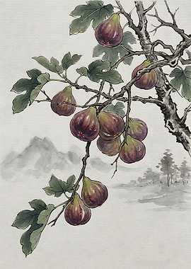Traditional Ink Wash Fig Painting