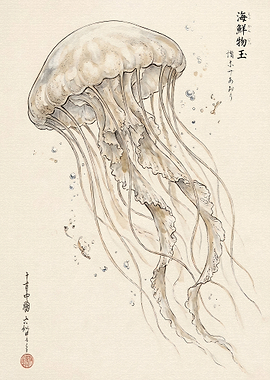 Traditional Japanese Ink Wash Jellyfish Illustration