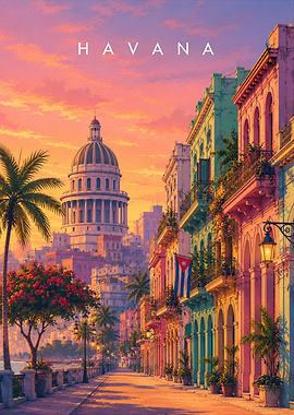 Havana Cuba Sunset Streetscape