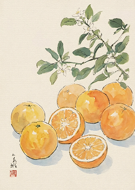 Watercolor Painting of Fresh Oranges