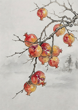 Watercolor Pomegranate Branch Painting