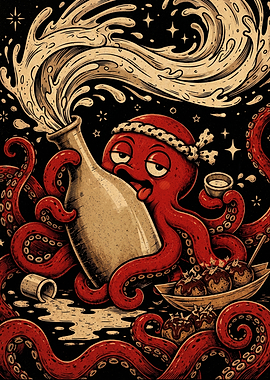 Red Octopus Enjoying Sake and Takoyaki