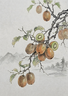 Traditional Ink Wash Painting of Kiwis