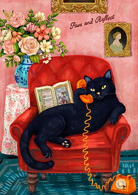 Black Cat Talking on Vintage Phone