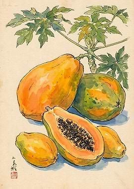 Watercolor Painting of Fresh Papayas