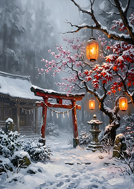 Snowy Japanese Temple with Torii Gate