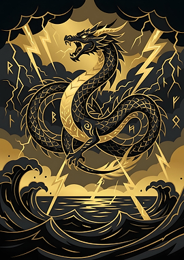 Golden Dragon Amidst Stormy Seas