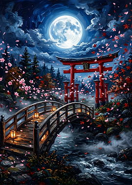 Moonlit Japanese Torii Gate Bridge