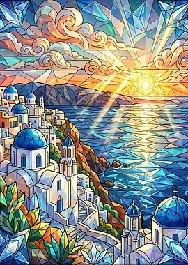 Stained Glass Santorini Sunset Landscape
