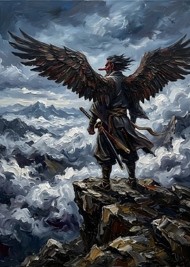 Tengu Warrior Standing on Mountain Peak