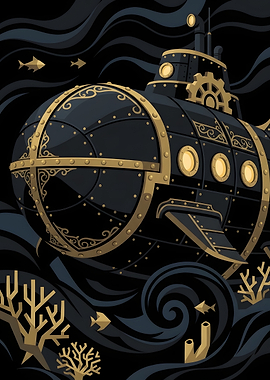 Steampunk Submarine Underwater Illustration