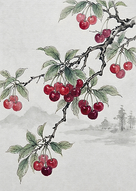Traditional Ink Wash Cherry Painting