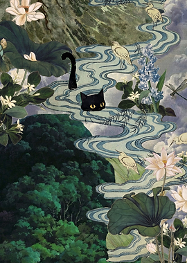 Black Cat Swimming in Lotus River