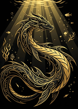 Golden Ornate Underwater Dragon Illustration