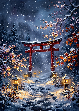 Snowy Torii Gate at Night
