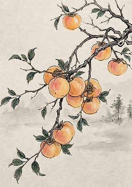 Traditional Ink Wash Persimmon Painting