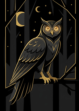 Stylized Golden Owl in Night Forest