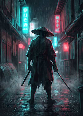 Cyberpunk Samurai in Rainy Alleyway