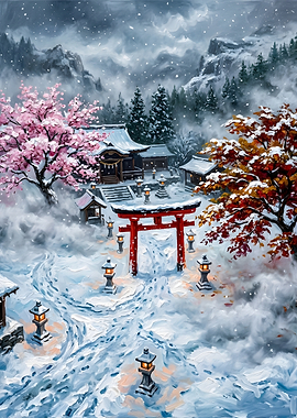 Snowy Japanese Temple with Torii Gate