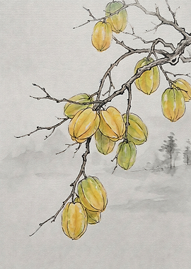 Traditional Ink Wash Painting of Starfruit