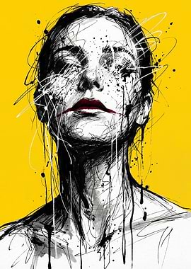 Abstract Ink Portrait with Red Lips
