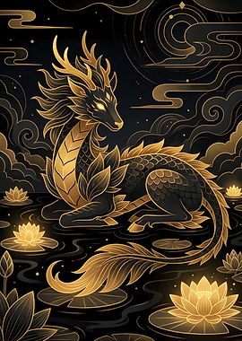 Golden Dragon in Lotus Pond