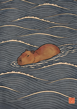 Capybara Swimming in Ukiyo-e Style