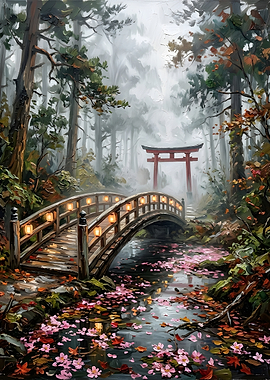 Misty Japanese Garden Bridge Painting