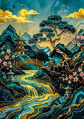 Golden Teal Japanese Landscape Art