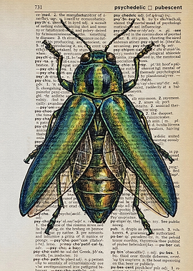 Iridescent Beetle on Dictionary Page