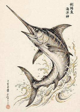 Traditional Japanese Style Swordfish Illustration