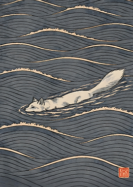 White Fox Swimming in Stylized Waves